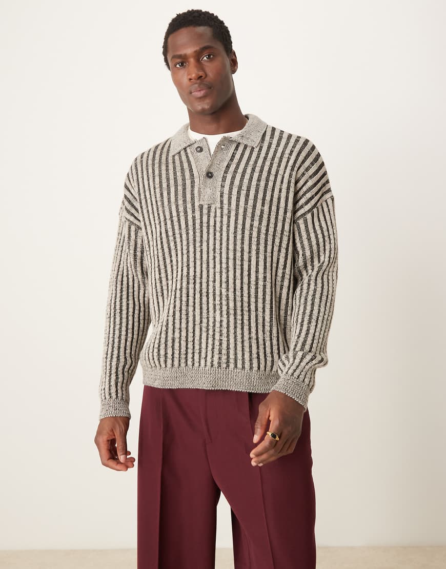 ASOS DESIGN - Kastiger Polo-Strickpullover in geripptem Beige mit Oversize-Schnitt-Neutral ASOS DESIGN - Kastiger Polo-Strickpullover in geripptem Beige mit Oversize-Schnitt-Neutral von ASOS DESIGN