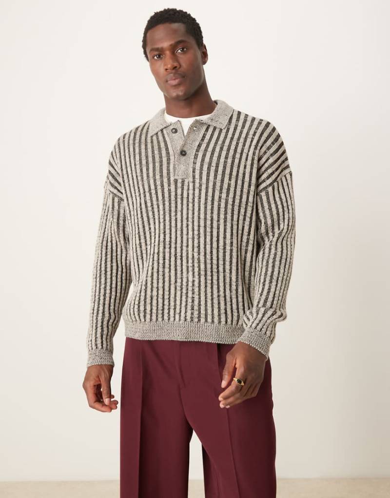 ASOS DESIGN - Kastiger Polo-Strickpullover in geripptem Beige mit Oversize-Schnitt-Neutral von ASOS DESIGN