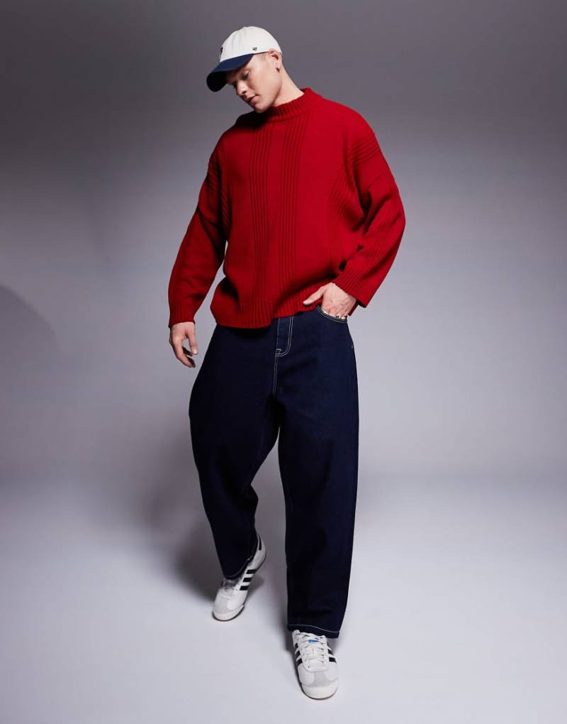 ASOS DESIGN - Kastiger Super-Oversize-Strickpullover in Rot mit Rundhalsausschnitt und gerippten Details von ASOS DESIGN