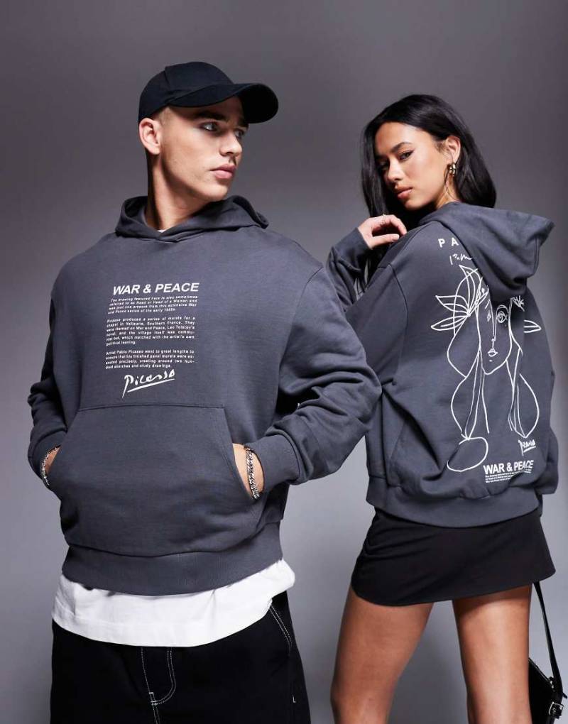 ASOS DESIGN - Kastiger Unisex-Kapuzenpullover in Anthrazit mit Picasso-Linienzeichnung und Oversize-Passform-Grau von ASOS DESIGN