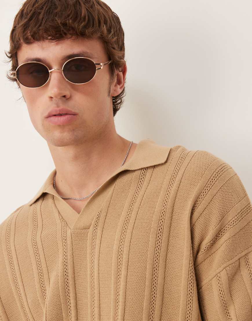 ASOS DESIGN - Geripptes Oversize-Polohemd aus Strick in Beige mit eingekerbtem Ausschnitt-Neutral von ASOS DESIGN