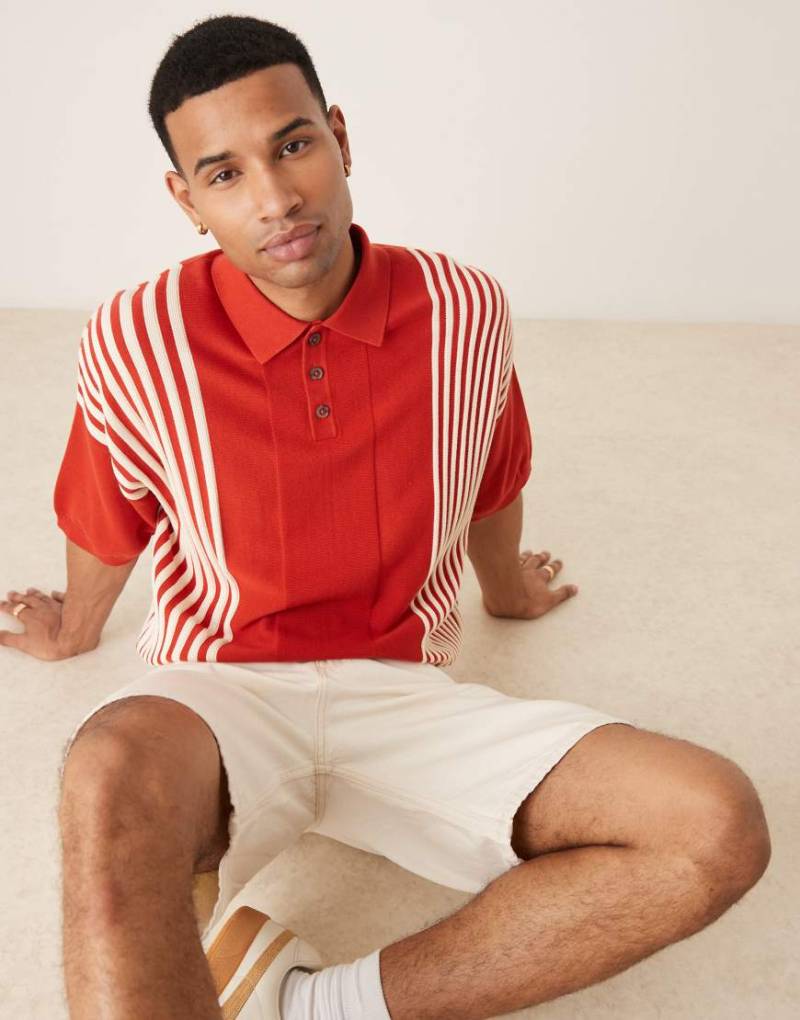 ASOS DESIGN - Kastiges, gestricktes Oversize-Polohemd in Rot mit Kontraststreifen von ASOS DESIGN
