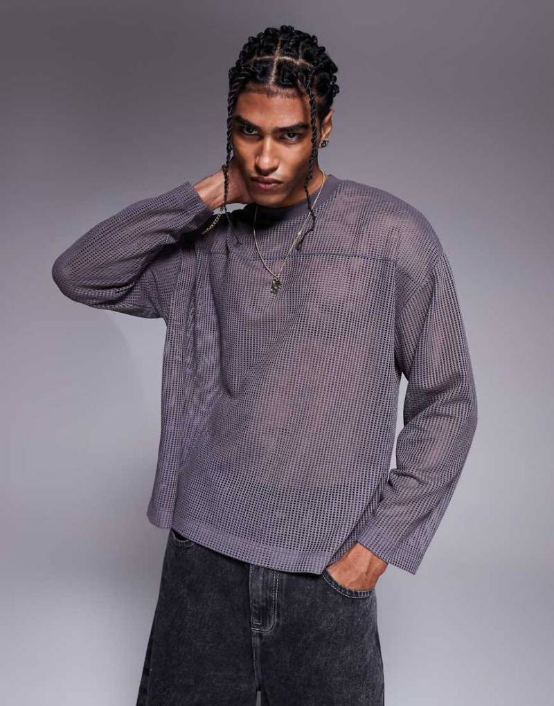 ASOS DESIGN - Kastiges, langärmliges Oversize-Shirt aus weitmaschigem Netzstoff in Anthrazit mit überschnittenen Schultern-Grau von ASOS DESIGN