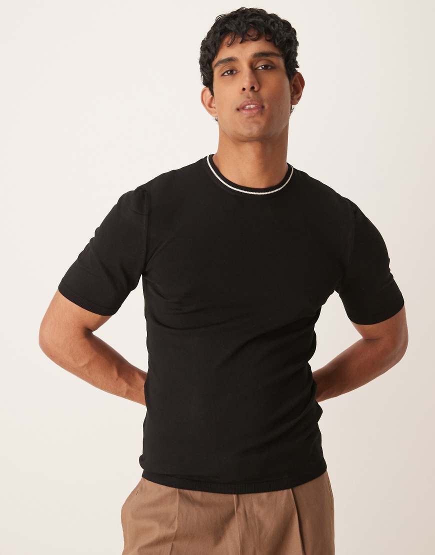 ASOS DESIGN - Kastiges Muskelshirt aus hochwertigem Strickstoff in Schwarz mit Zierstreifen-Grün von ASOS DESIGN