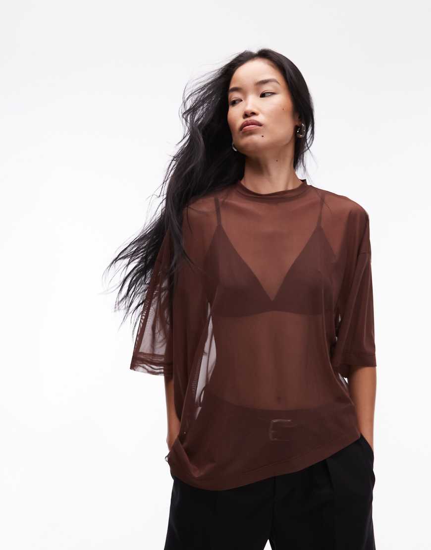 ASOS DESIGN - Kastiges Netzstoff-T-Shirt in Braun mit Wasserfall-Design-Brown von ASOS DESIGN