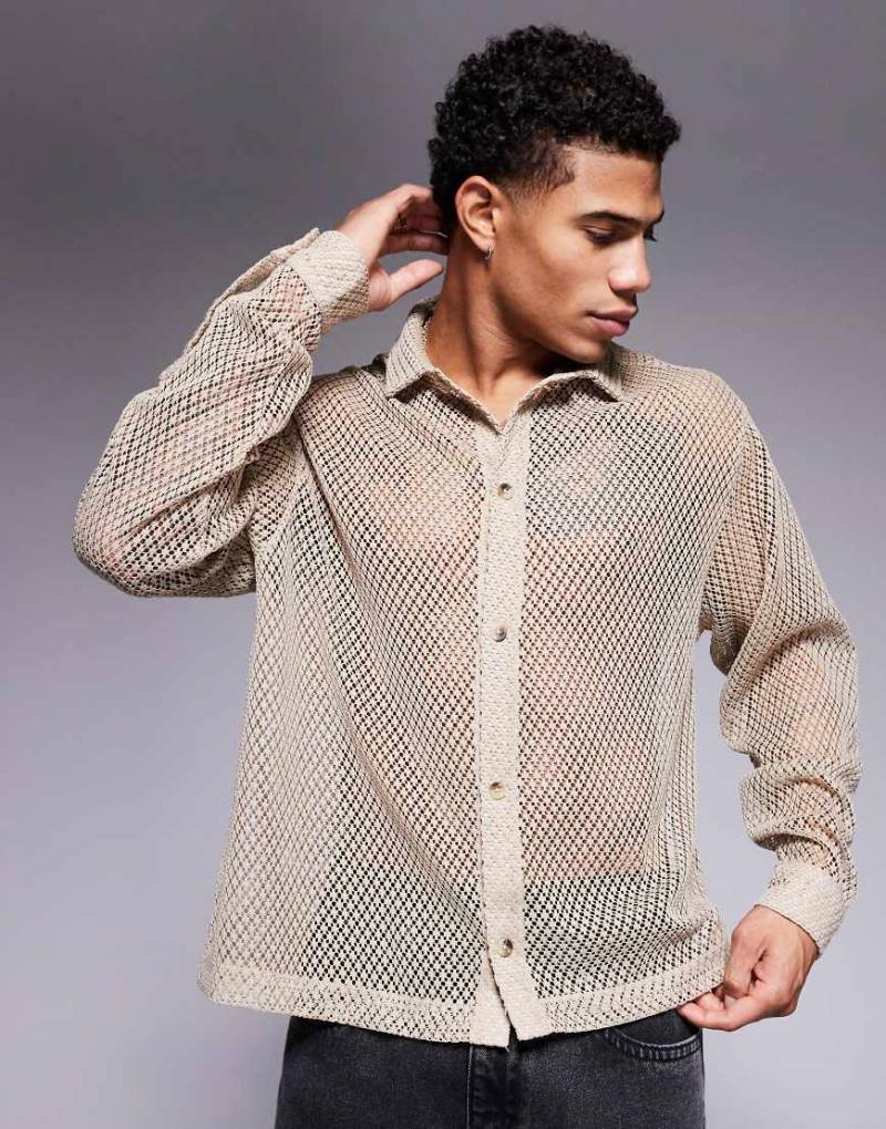 ASOS DESIGN - Kastiges Oversize-Hemd aus Netzstoff in Steinbeige-Neutral von ASOS DESIGN