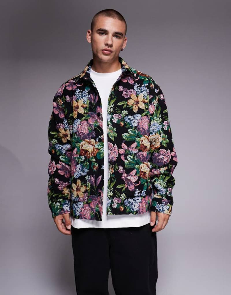 ASOS DESIGN - Kastiges Oversize-Hemd in Schwarz mit Gobelin-Blumenmuster von ASOS DESIGN