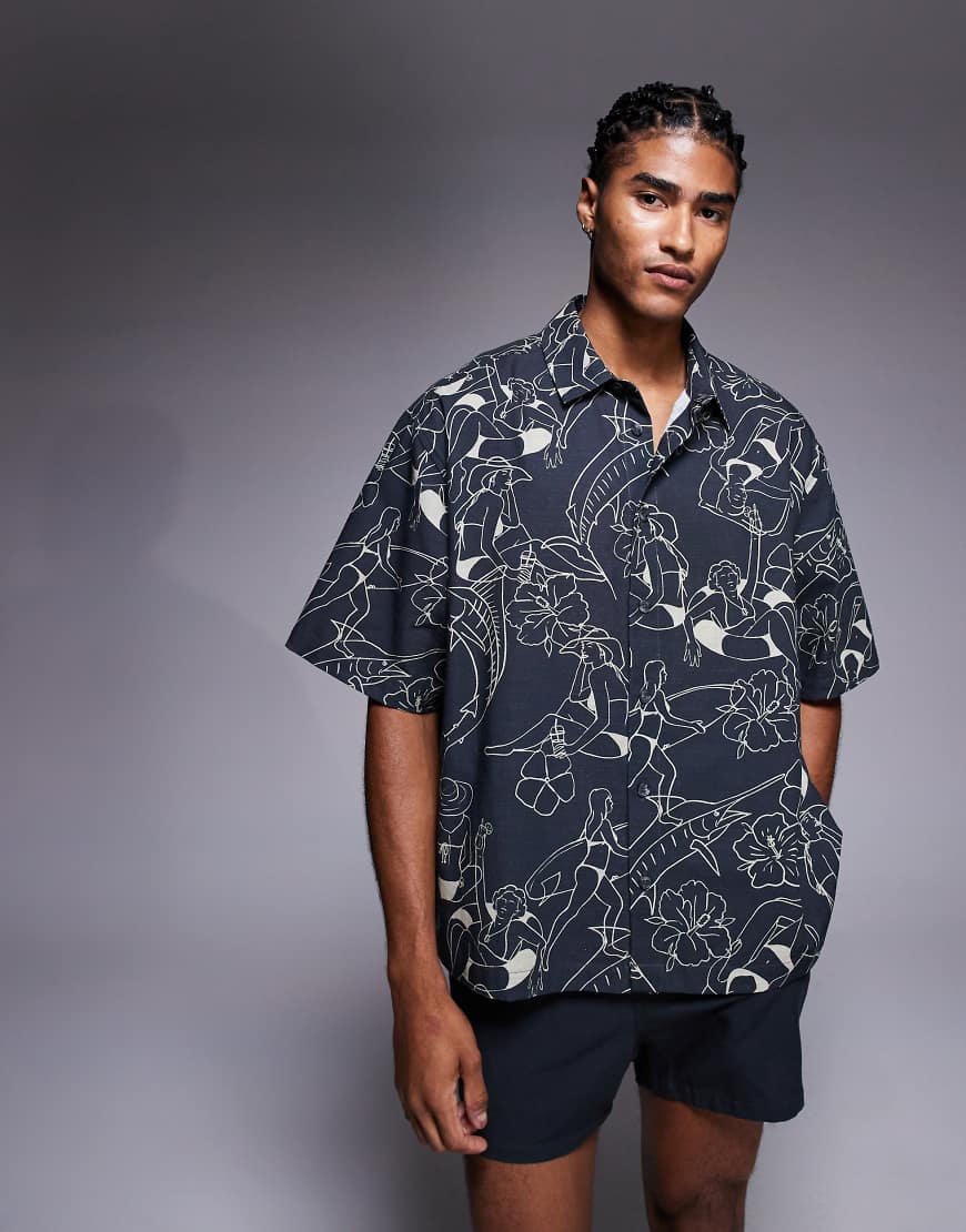 ASOS DESIGN - Kastiges Oversize-Hemd in Schwarz mit sommerlichem Print, Kombiteil von ASOS DESIGN