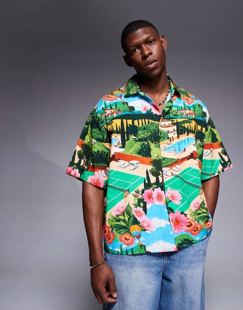 ASOS DESIGN - Kastiges Oversize-Hemd mit Landschaftsprint-Bunt von ASOS DESIGN