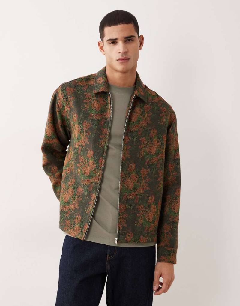 ASOS DESIGN - Kastiges Oversize-Hemd mit durchgehendem Reißverschluss und floralem Gobelindesign-Brown von ASOS DESIGN
