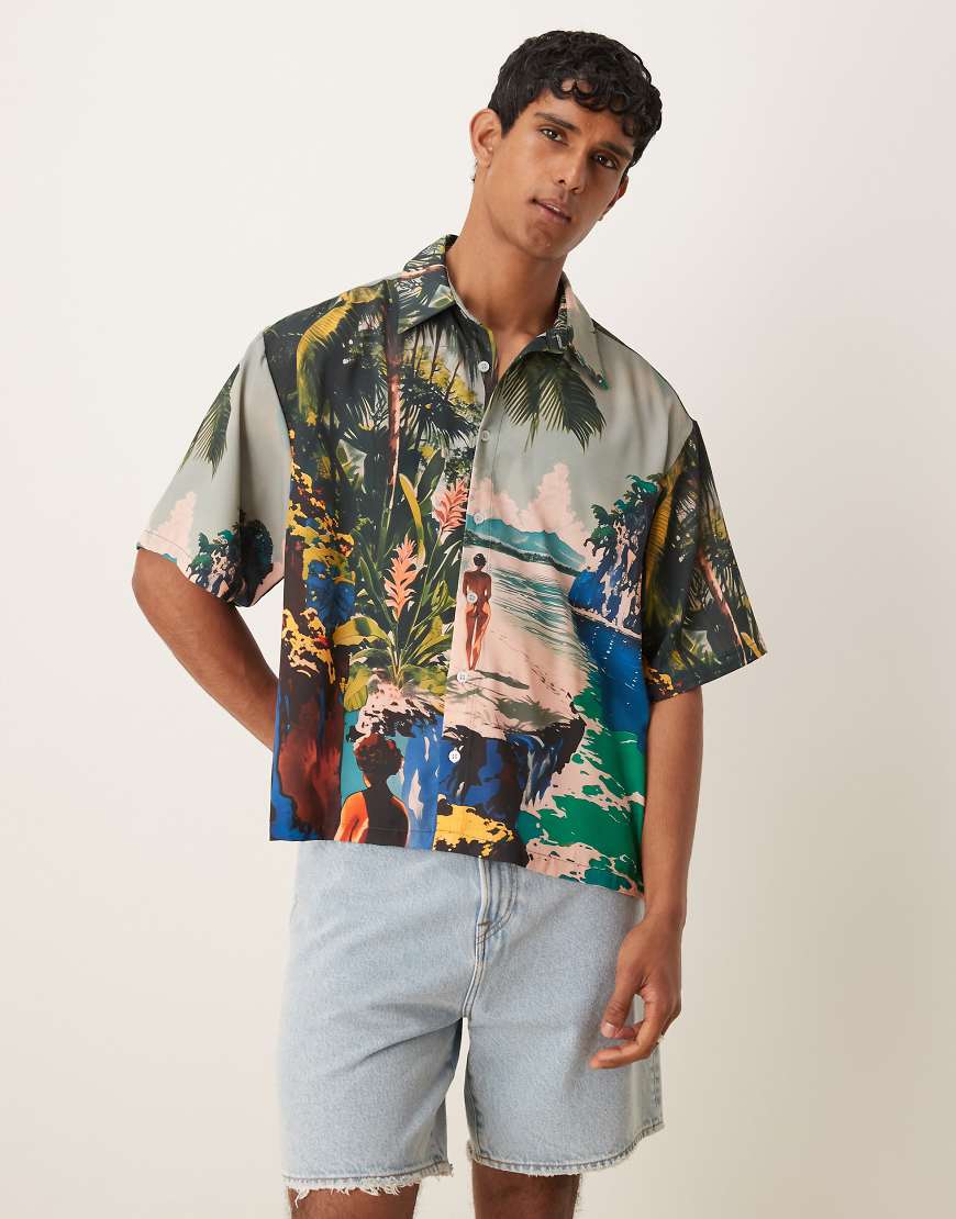 ASOS DESIGN - Kastiges Oversize-Hemd mit mehrfarbigem Strandprint-Bunt von ASOS DESIGN