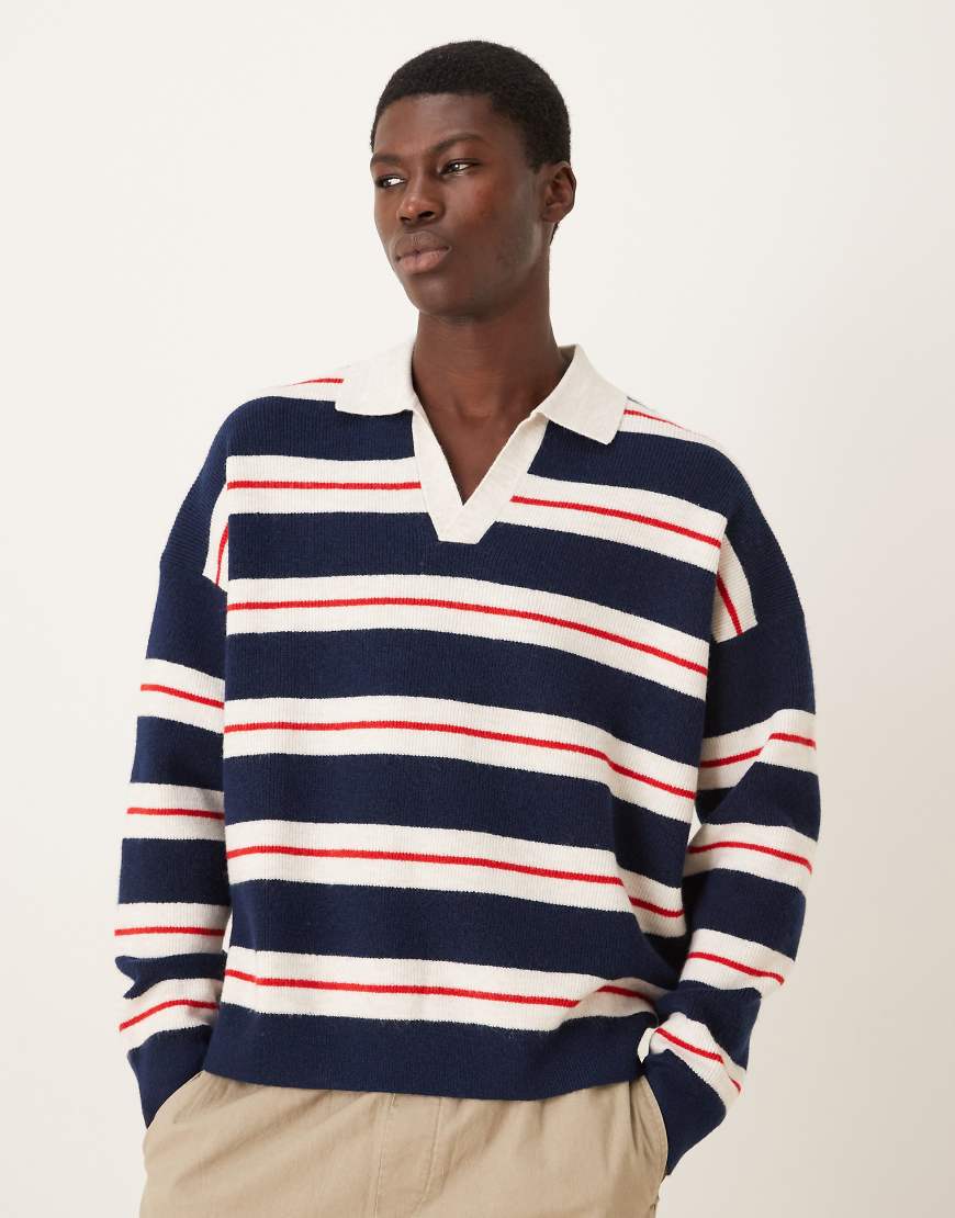 ASOS DESIGN - Kastiges Oversize-Polohemd aus Strick in Beige gestreift mit eingekerbtem Ausschnitt-Bunt von ASOS DESIGN