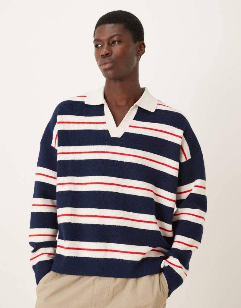 ASOS DESIGN - Kastiges Oversize-Polohemd aus Strick in Beige gestreift mit eingekerbtem Ausschnitt-Bunt von ASOS DESIGN