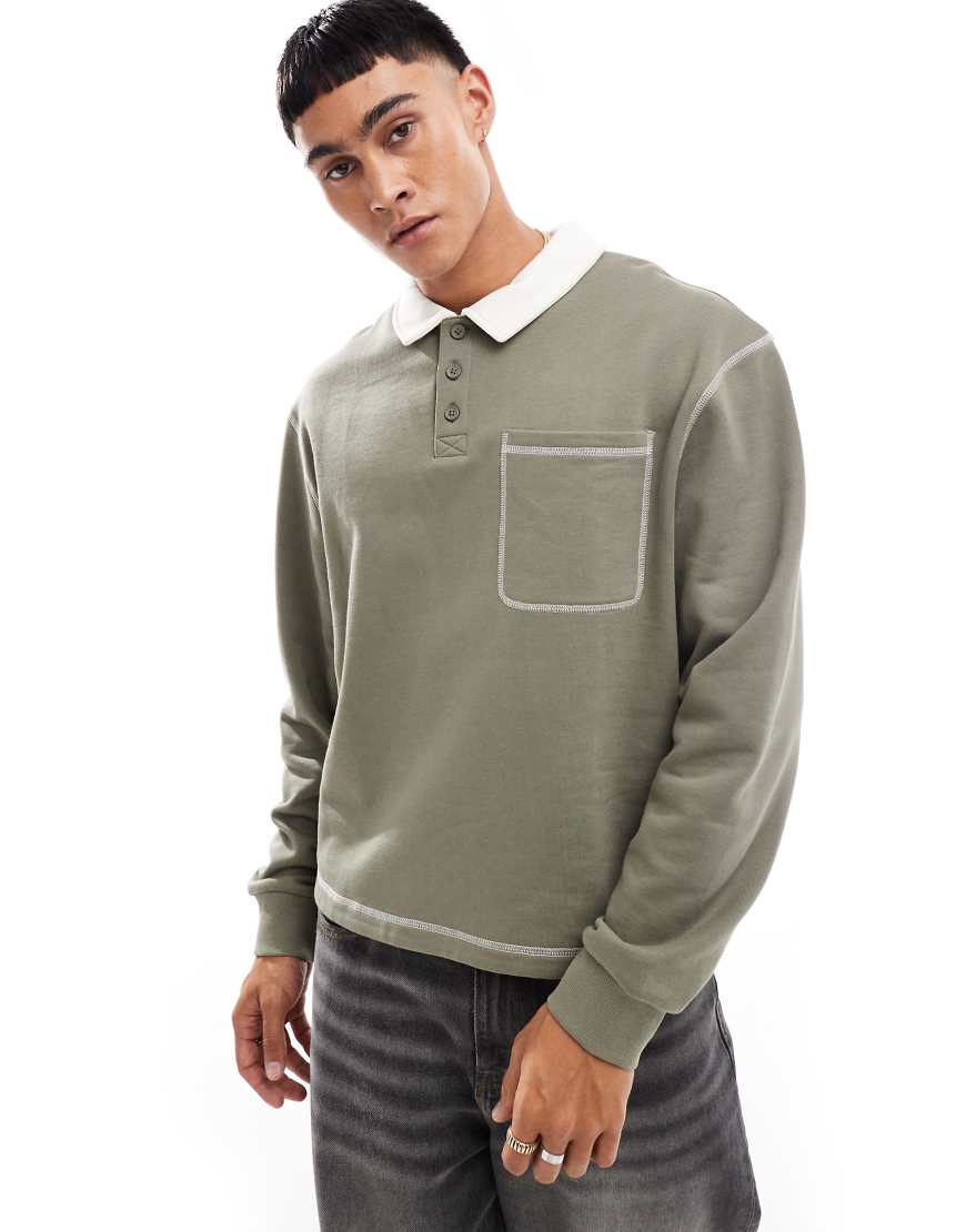 ASOS DESIGN - Kastiges Oversize-Polohemd in Khaki mit Kontrastnaht-Braun ASOS DESIGN - Kastiges Oversize-Polohemd in Khaki mit Kontrastnaht-Braun von ASOS DESIGN