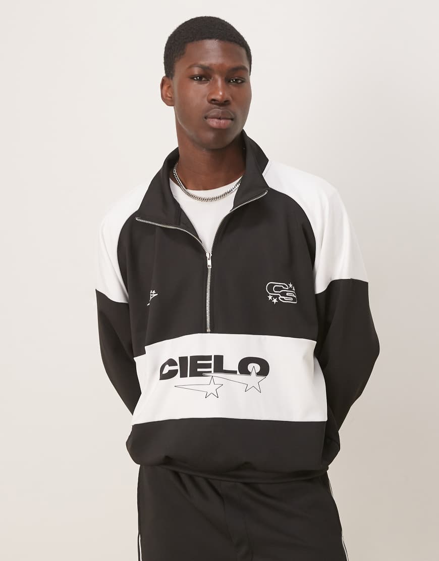 ASOS DESIGN - Kastiges Oversize-Sweatshirt aus neoprenartigem Material in Schwarz mit Stehkragen und Aufdruck, Kombiteil von ASOS DESIGN