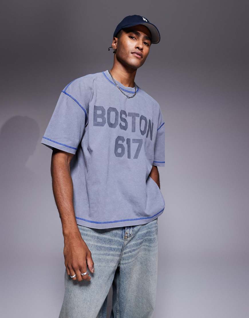 ASOS DESIGN - Kastiges Oversize-T-Shirt aus 220 g/m² schwerem Material in verwaschenem Grau mit City-Print von ASOS DESIGN