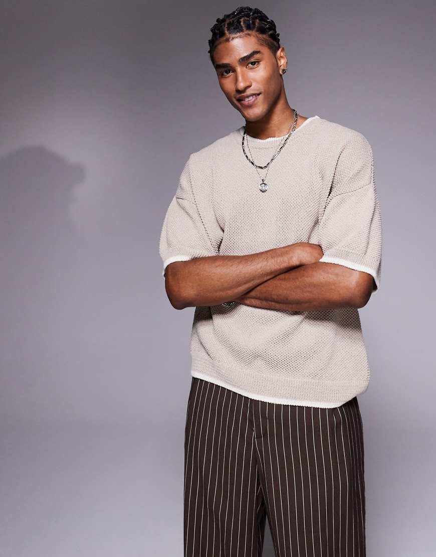 ASOS DESIGN - Kastiges Oversize-T-Shirt aus Piqué-Strick in Steinbeige mit Rundhalsausschnitt-Neutral von ASOS DESIGN