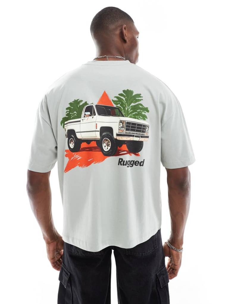ASOS DESIGN - Kastiges Oversize-T-Shirt in Hellgrau mit Autoprint von ASOS DESIGN