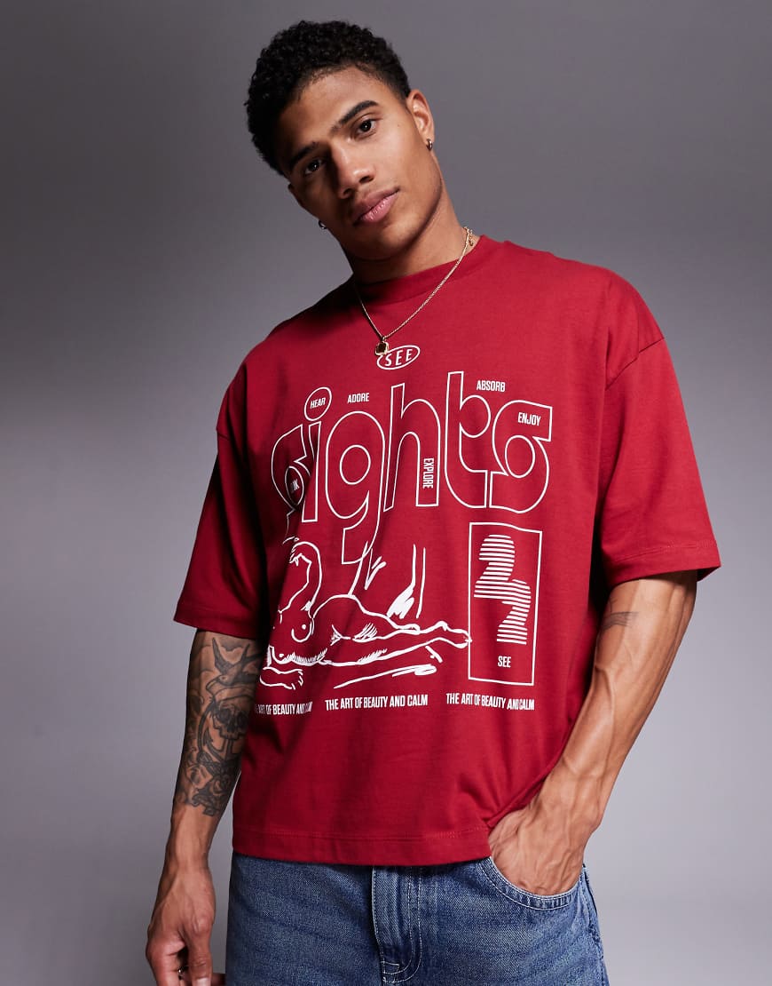 ASOS DESIGN - Kastiges Oversize-T-Shirt in Rot mit abstraktem Print ASOS DESIGN - Kastiges Oversize-T-Shirt in Rot mit abstraktem Print von ASOS DESIGN