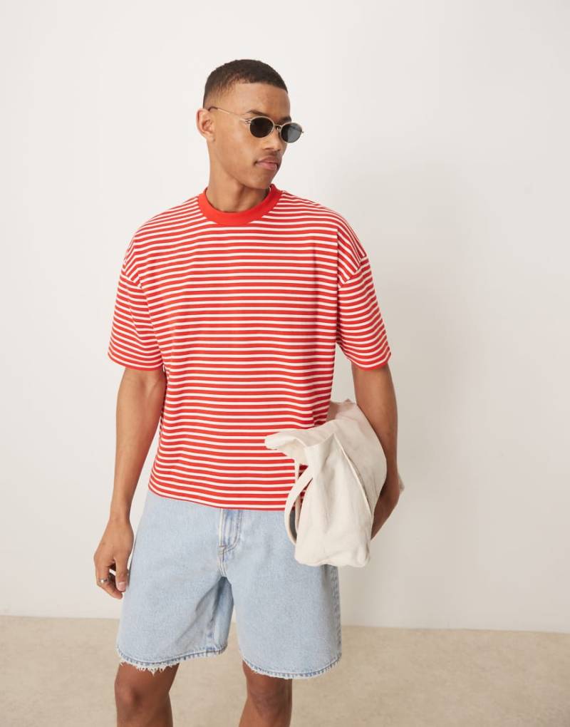 ASOS DESIGN - Kastiges Oversize-T-Shirt aus schwerem Material in Rot und Weiß gestreift-Bunt von ASOS DESIGN