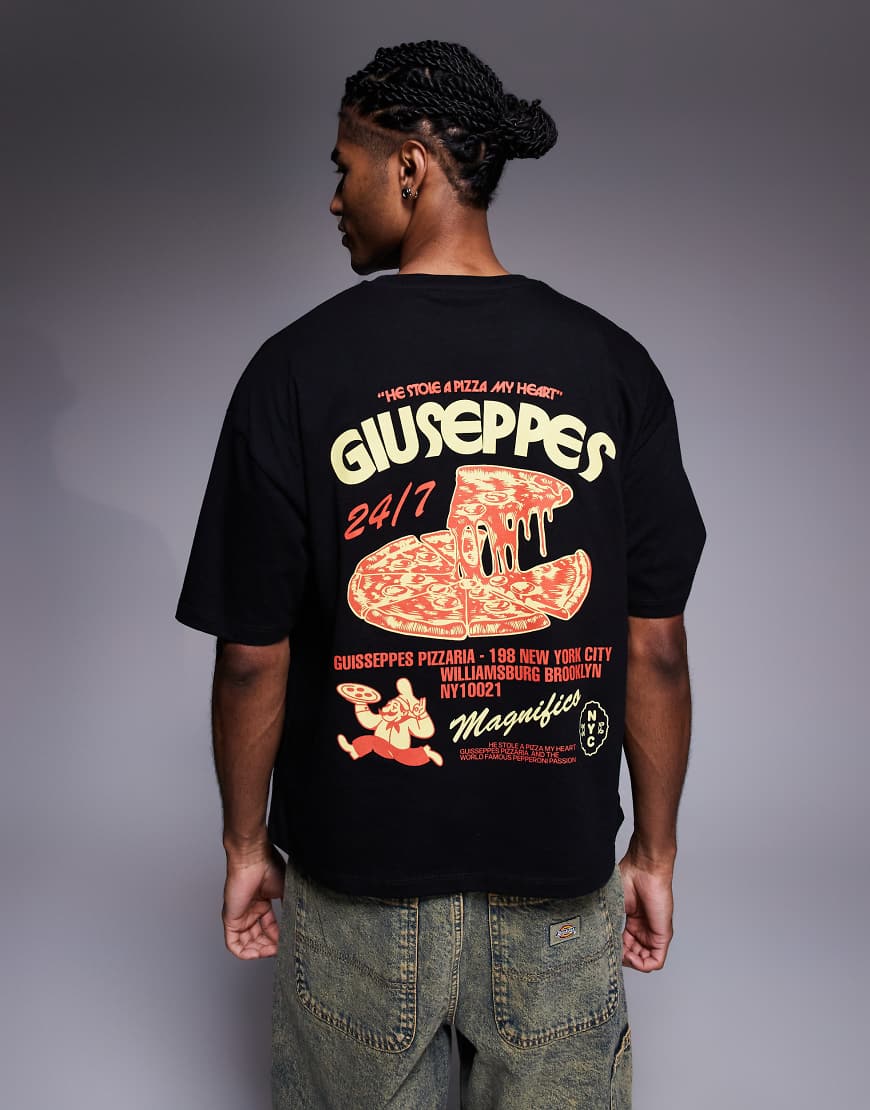 ASOS DESIGN - Kastiges Oversize-T-Shirt in Schwarz mit Pizzagrafik von ASOS DESIGN
