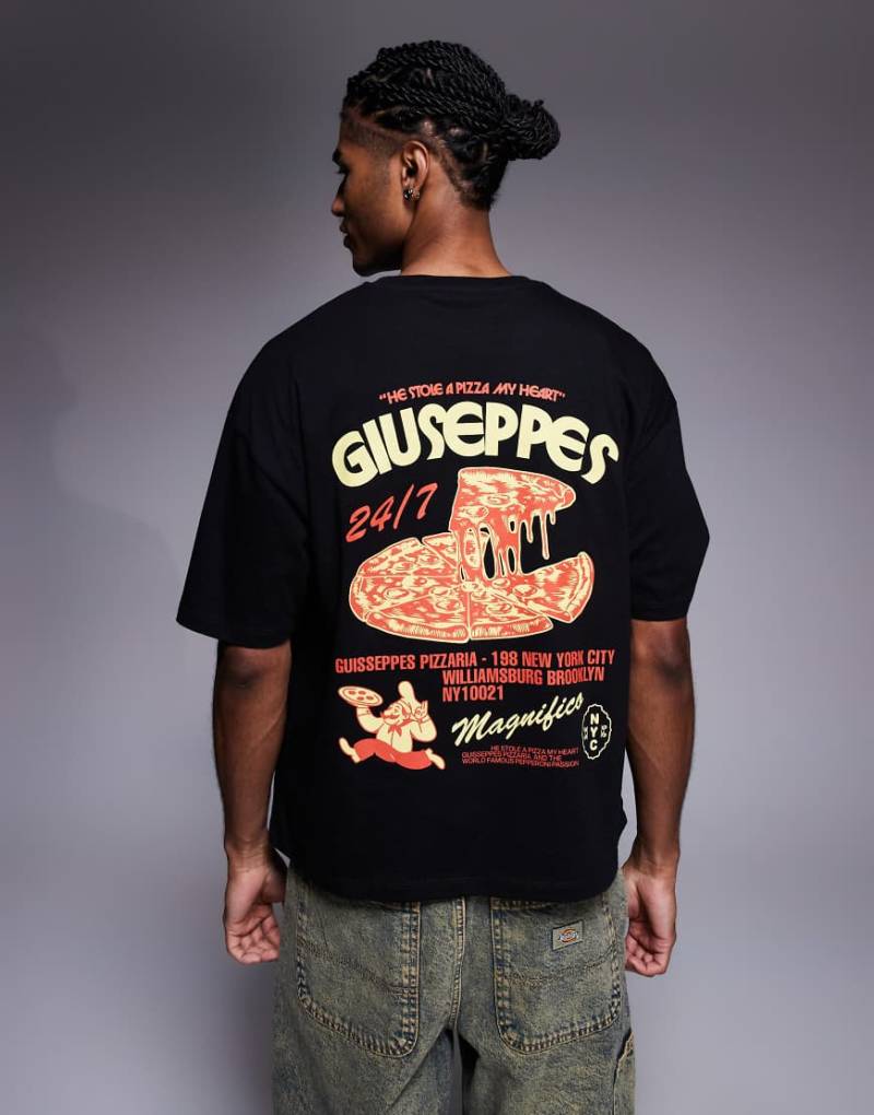 ASOS DESIGN - Kastiges Oversize-T-Shirt in Schwarz mit Pizzagrafik von ASOS DESIGN
