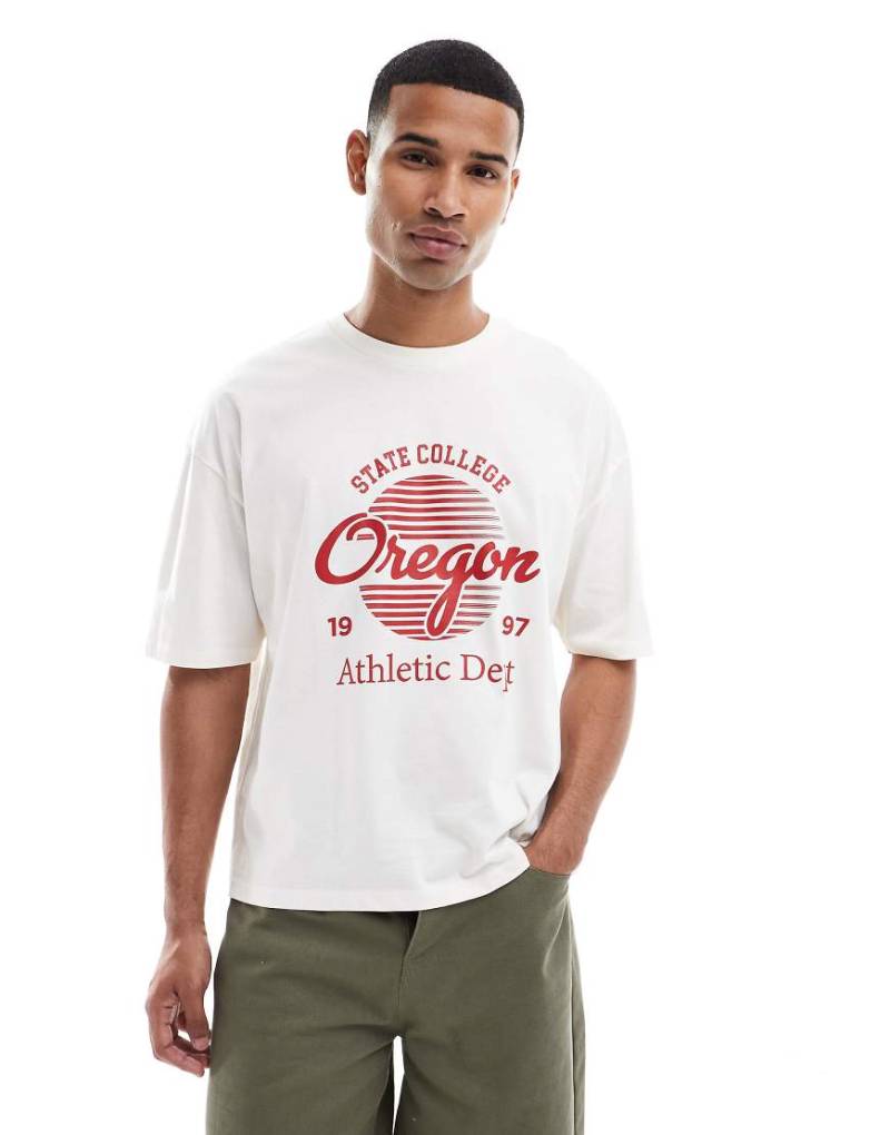 ASOS DESIGN - Kastiges Oversize-T-Shirt in Wollweiß mit College-Print von ASOS DESIGN