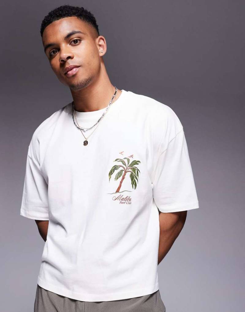 ASOS DESIGN - Kastiges Oversize-T-Shirt in Wollweiß mit Palmen-Print von ASOS DESIGN