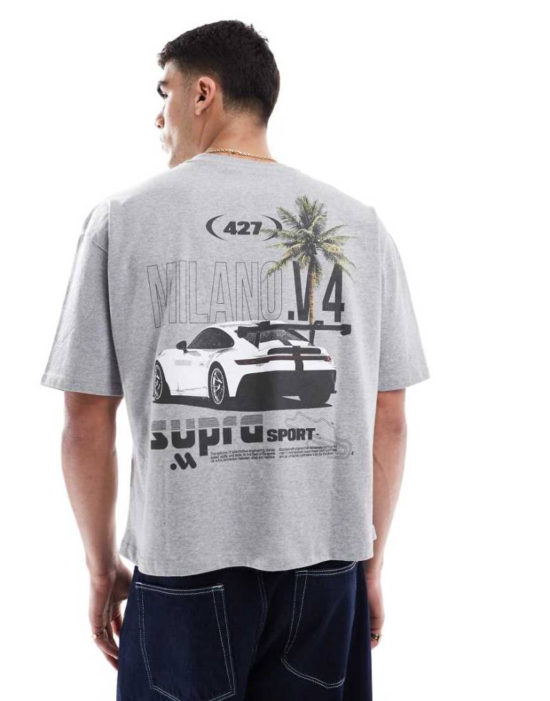 ASOS DESIGN - Kastiges Oversize-T-Shirt in meliertem Grau mit Auto-Grafik von ASOS DESIGN