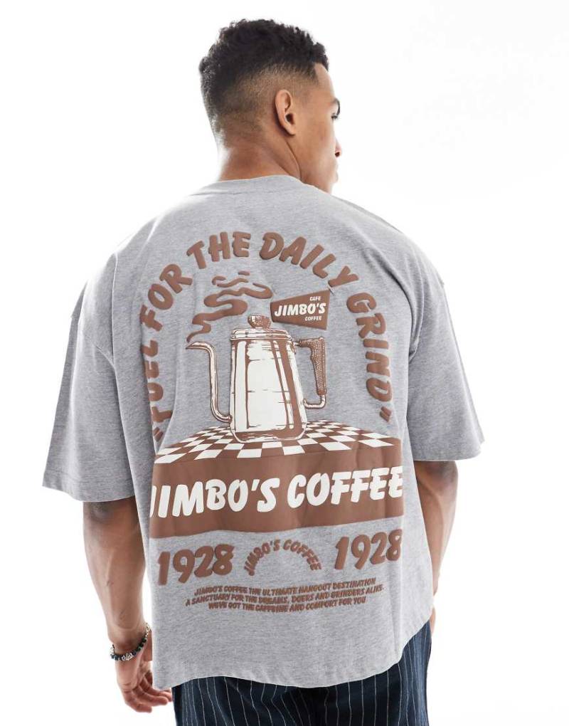ASOS DESIGN - Kastiges Oversize-T-Shirt in meliertem Grau mit Kaffee-Grafik von ASOS DESIGN