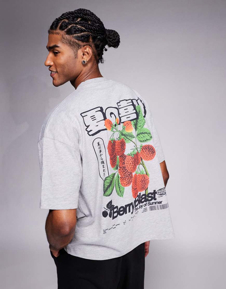 ASOS DESIGN - Kastiges Oversize-T-Shirt in meliertem Grau mit Obstprint vorne und hinten von ASOS DESIGN
