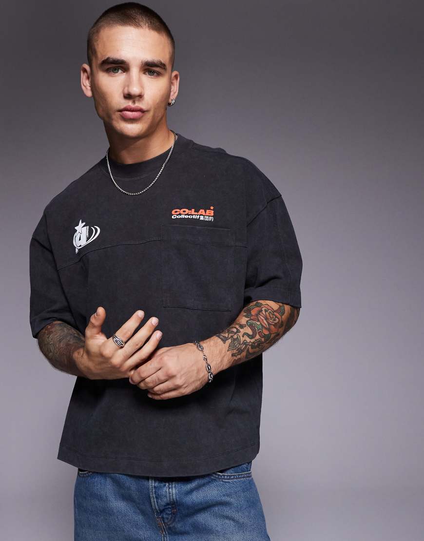 ASOS DESIGN - Schweres, kastenförmiges Oversize-T-Shirt in verwaschenem Anthrazit mit Textgrafik und Taschendetail-Grau ASOS DESIGN - Schweres, kastenförmiges Oversize-T-Shirt in verwaschenem Anthrazit mit Textgrafik und Taschendetail-Grau von ASOS DESIGN