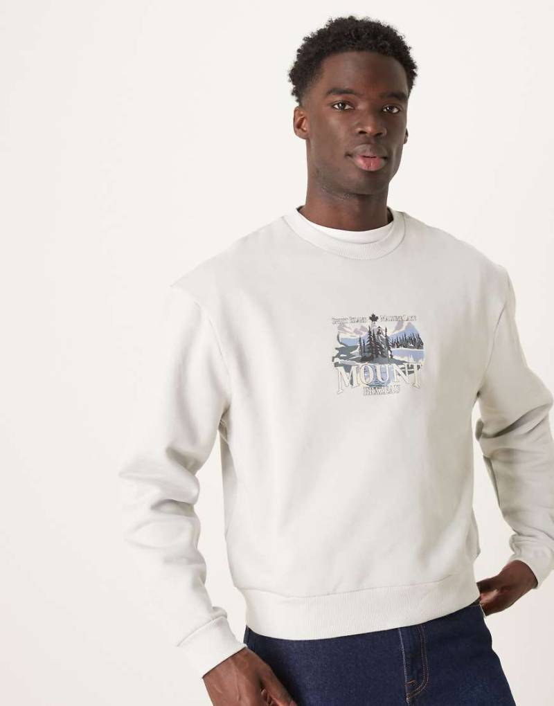 ASOS DESIGN - Kastiges Sweatshirt in Hellgrau mit Bergprint von ASOS DESIGN