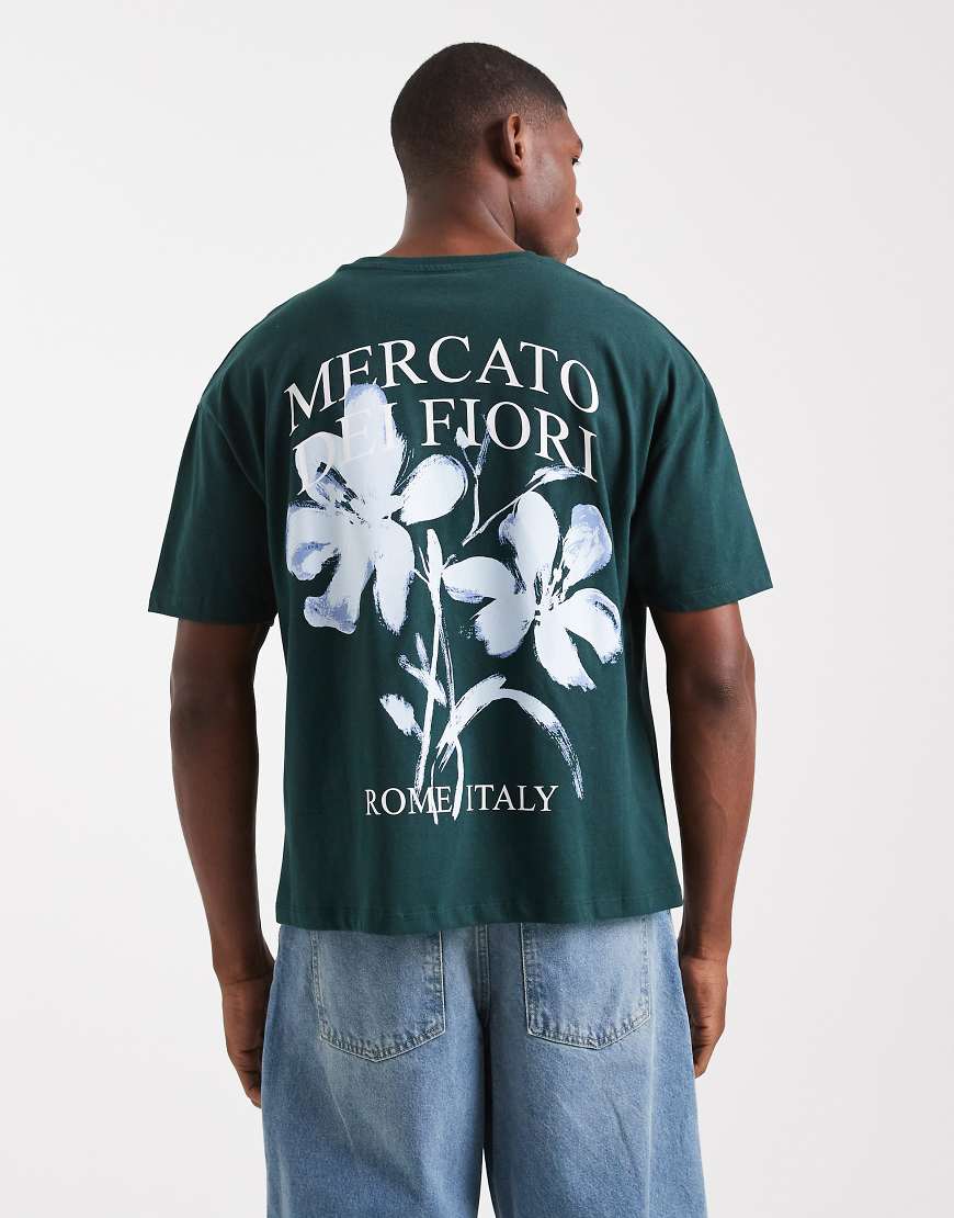 ASOS DESIGN - Kastiges T-Shirt in Dunkelgrün mit Blumenmuster von ASOS DESIGN