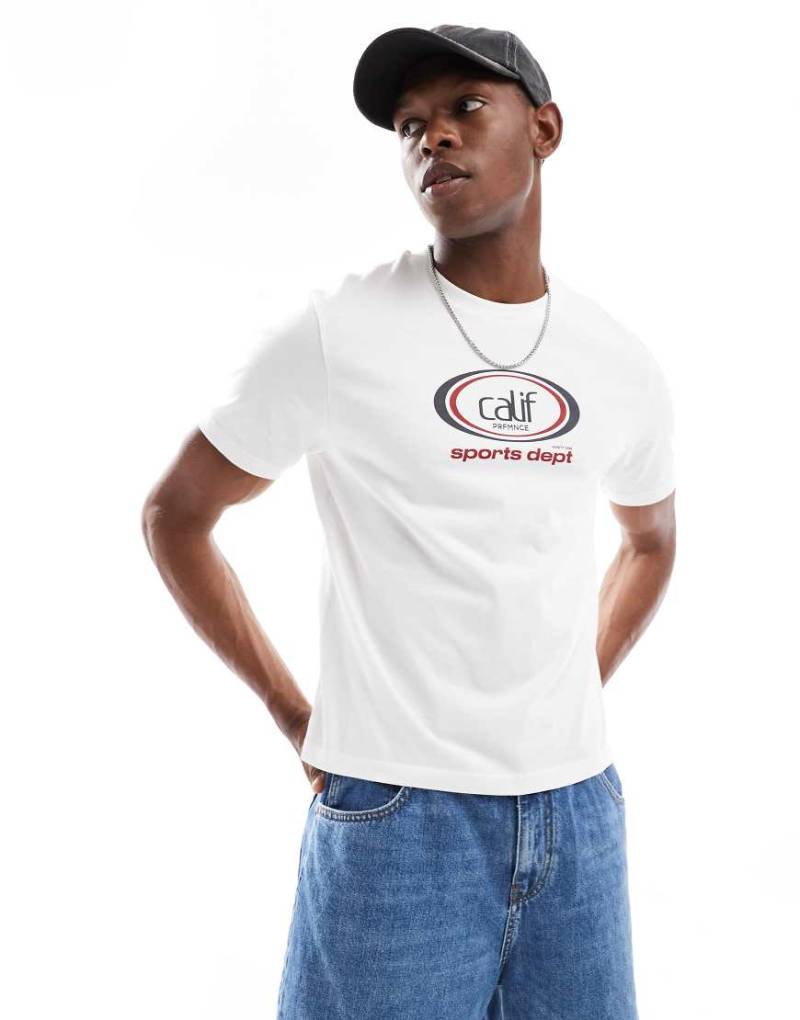 ASOS DESIGN - Kastiges T-Shirt in Wollweiß mit Sports-Grafik in regulärer Passform von ASOS DESIGN