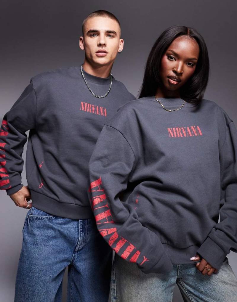ASOS DESIGN - Kastiges Unisex-Sweatshirt in Anthrazit mit lizenziertem „Nirvana"-Print und Oversize-Passform-Grau von ASOS DESIGN