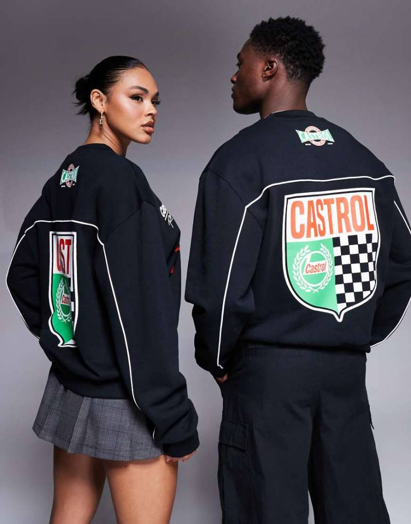 ASOS DESIGN - Kastiges Unisex-Sweatshirt in Schwarz mit Oversize-Schnitt, Paspelierung und „Castrol Racing"-Prints von ASOS DESIGN