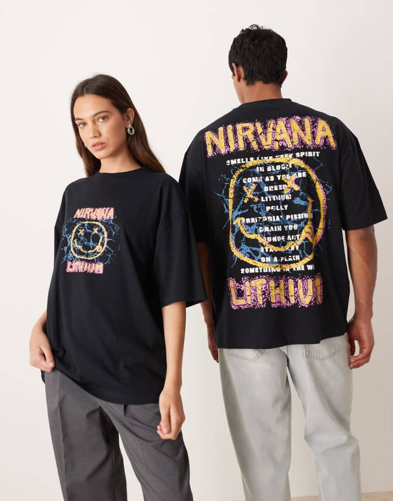 ASOS DESIGN - Kastiges Unisex-T-Shirt in Schwarz mit großen „Nirvana"-Prints und Oversize-Schnitt von ASOS DESIGN