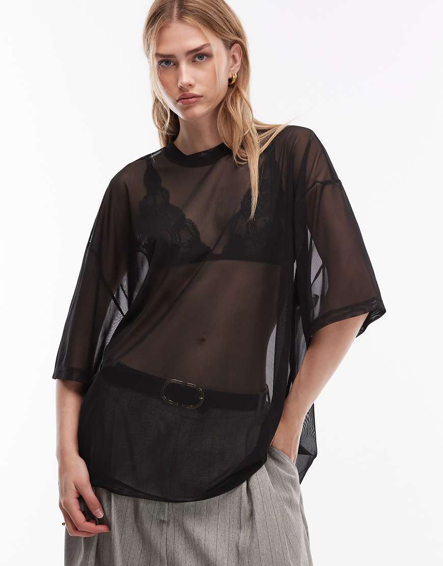 ASOS DESIGN - Kastiges transparentes Oversize-T-Shirt aus Netzstoff in Schwarz, Kombiteil von ASOS DESIGN