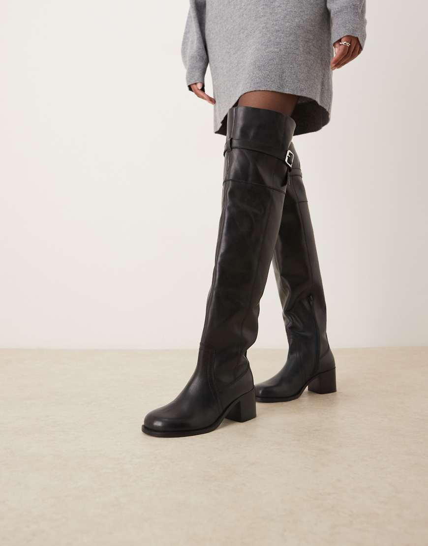 ASOS DESIGN - Kensington - Overknee-Stiefel aus schwarzem Leder mit Absatz von ASOS DESIGN