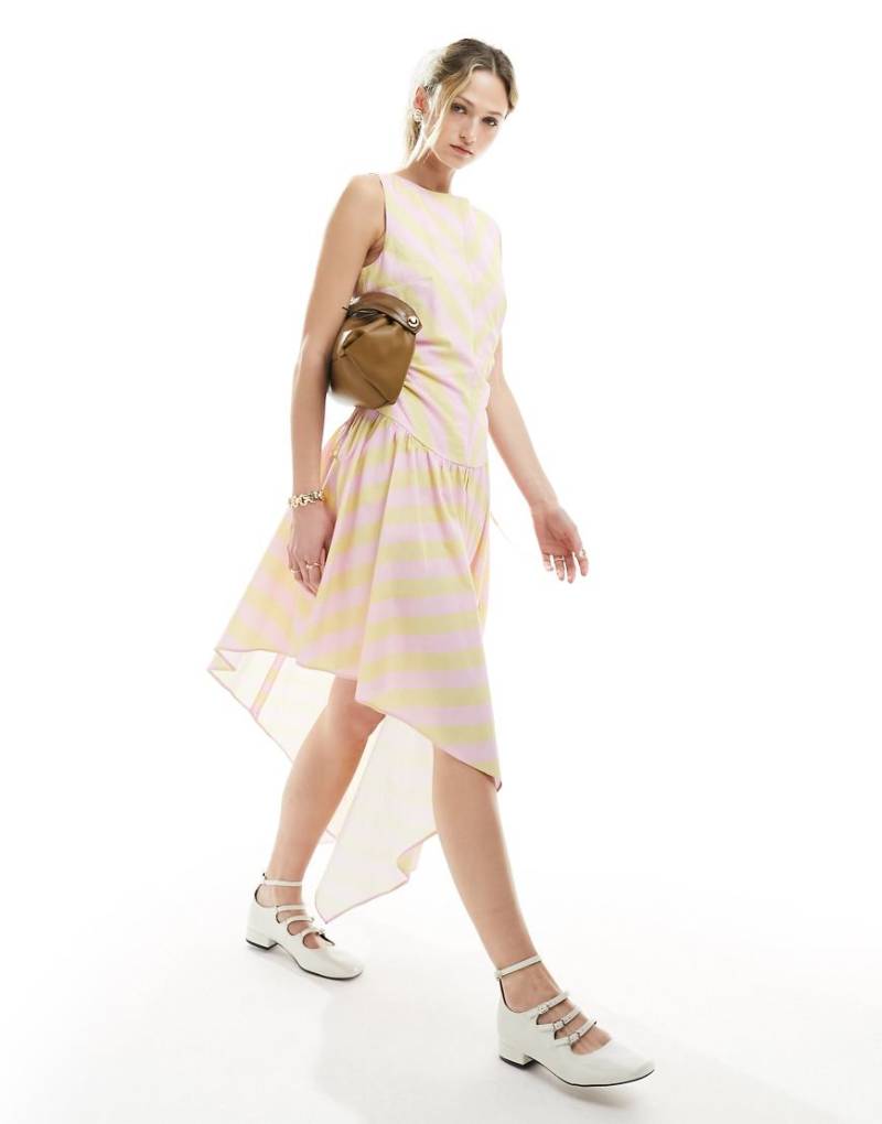 ASOS DESIGN - Kleid in der Farbe Sherbert-Chevron mit Streifenmix in Zickzack-Optik und Zierausschnitt-Bunt von ASOS DESIGN