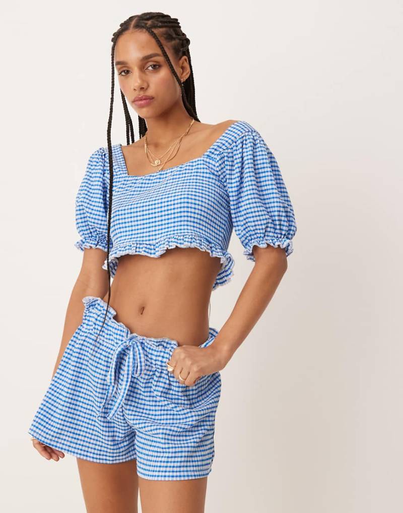 ASOS DESIGN - Knappe Shorts mit hellblauem Vichy-Karomuster, Kombiteil von ASOS DESIGN