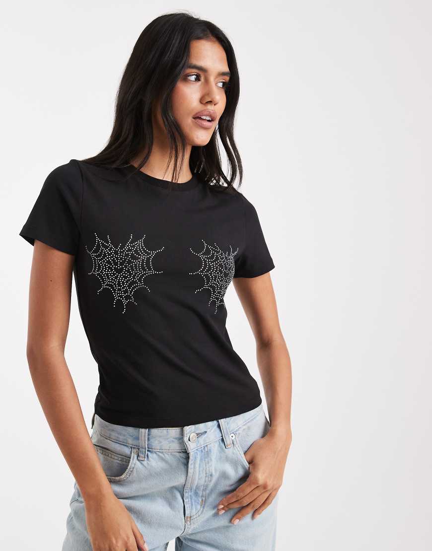 ASOS DESIGN - Knappes T-Shirt in Schwarz mit Strass-Spinnennetz von ASOS DESIGN