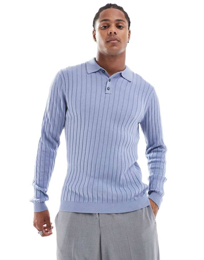 ASOS DESIGN - Körperbetonter Basic-Pullover aus Rippstrick in Blau mit Polokragen von ASOS DESIGN