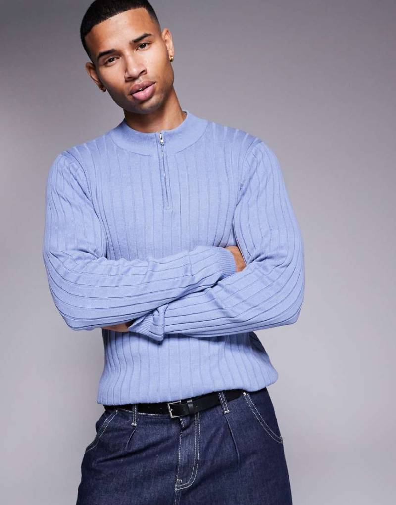 ASOS DESIGN - Körperbetonter, schlichter Pullover aus Rippstrick in Blau mit kurzem Reißverschluss von ASOS DESIGN