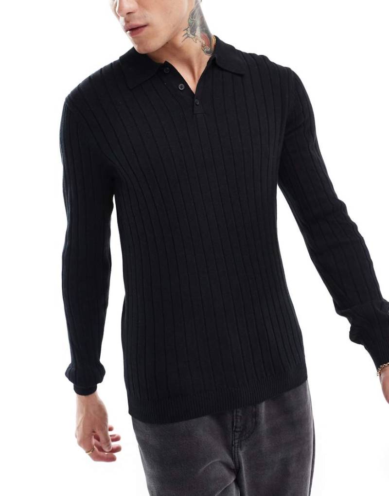 ASOS DESIGN - Körperbetonter Basic-Pullover aus Rippstrick in Schwarz mit Polokragen von ASOS DESIGN