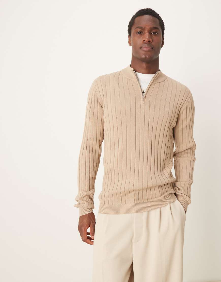 ASOS DESIGN - Körperbetonter Basic-Pullover aus Rippstrick in Taupe mit kurzem Reißverschluss-Neutral von ASOS DESIGN