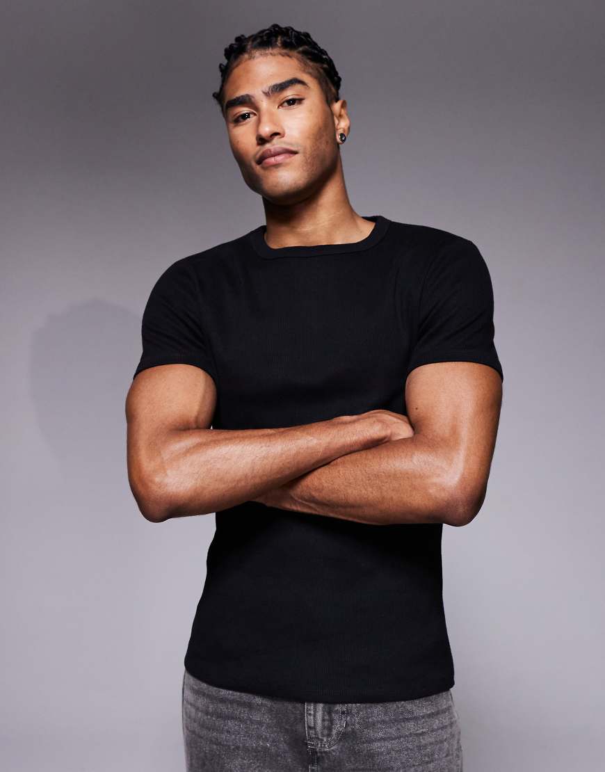 ASOS DESIGN - Körperbetontes, geripptes T-Shirt aus superschwerem Material in Schwarz von ASOS DESIGN
