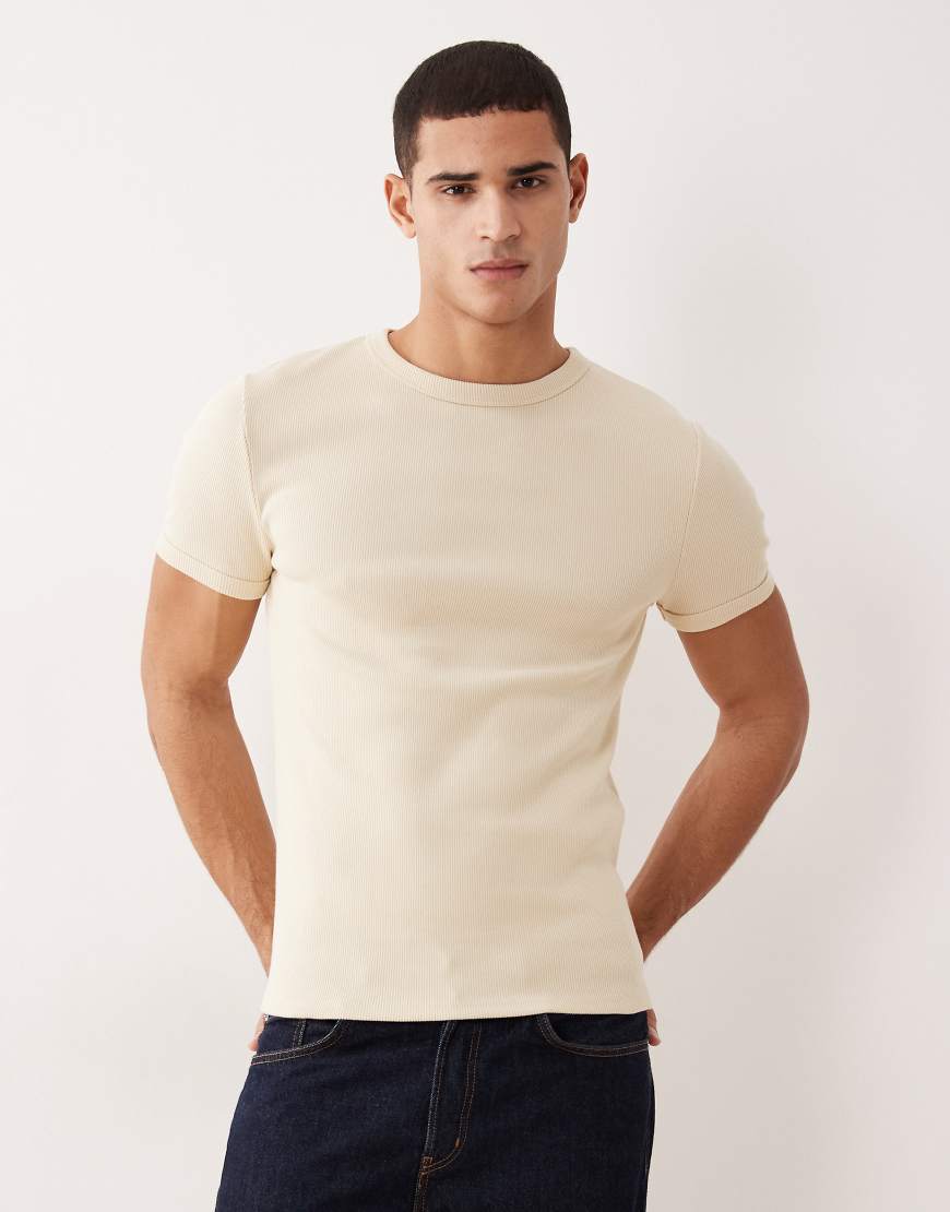ASOS DESIGN - Körperbetontes, geripptes T-Shirt aus superschwerem Stoff in Beige-Neutral von ASOS DESIGN