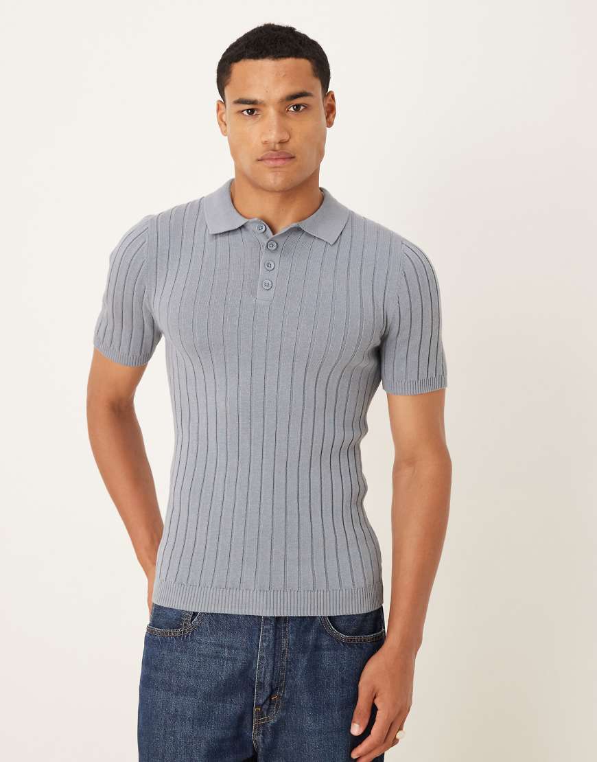 ASOS DESIGN - Körperbetontes Poloshirt aus Rippstrick in Blau von ASOS DESIGN